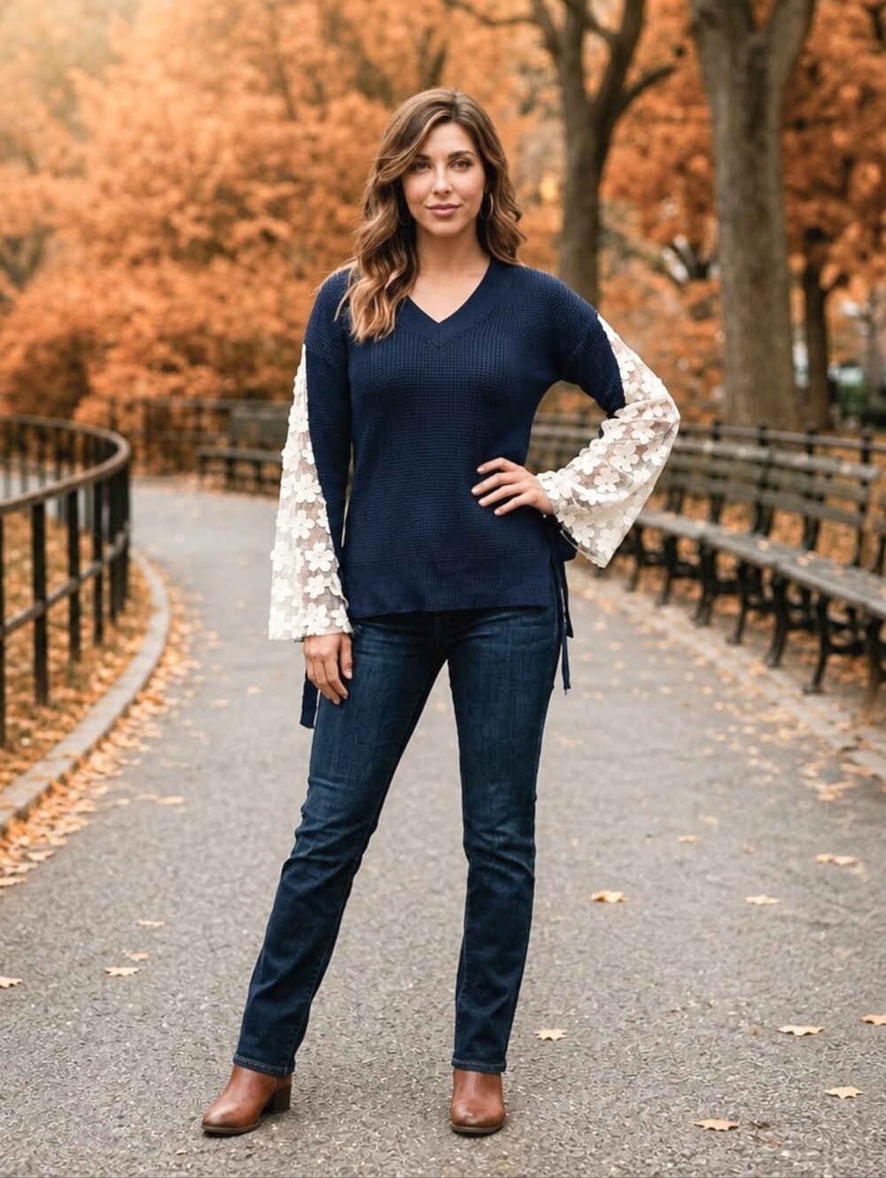 French Connection Caballo Lace Knit Sweater V-Neck Bell Sleeve Blue NWT XS